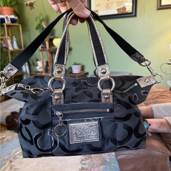 COACH 2010 POPPY OPT ART SATEEN LUREX SATCHEL BAG BLACK/SILVER #15863 - Picture 7 of 9